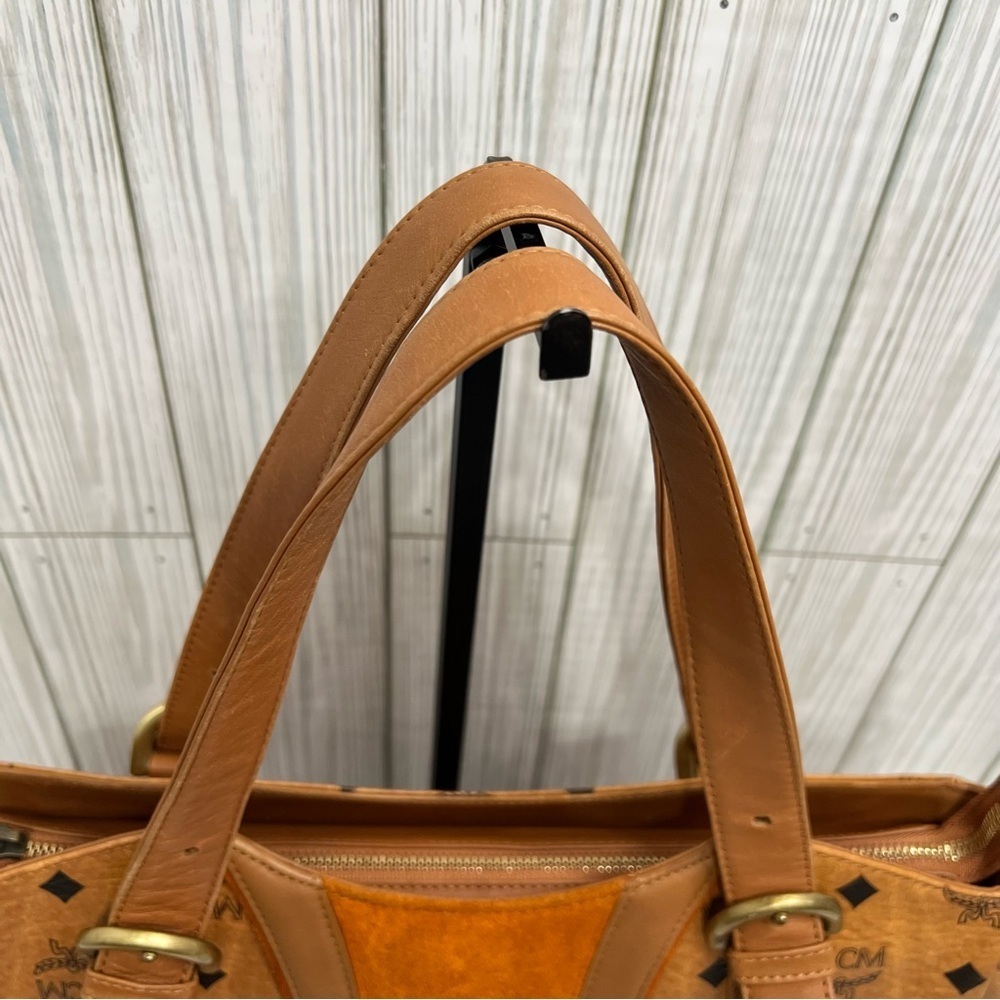 MCM Cognac Visetos Coated Canvas Leather Trim Tote Shoulder Bag - Picture 4 of 16